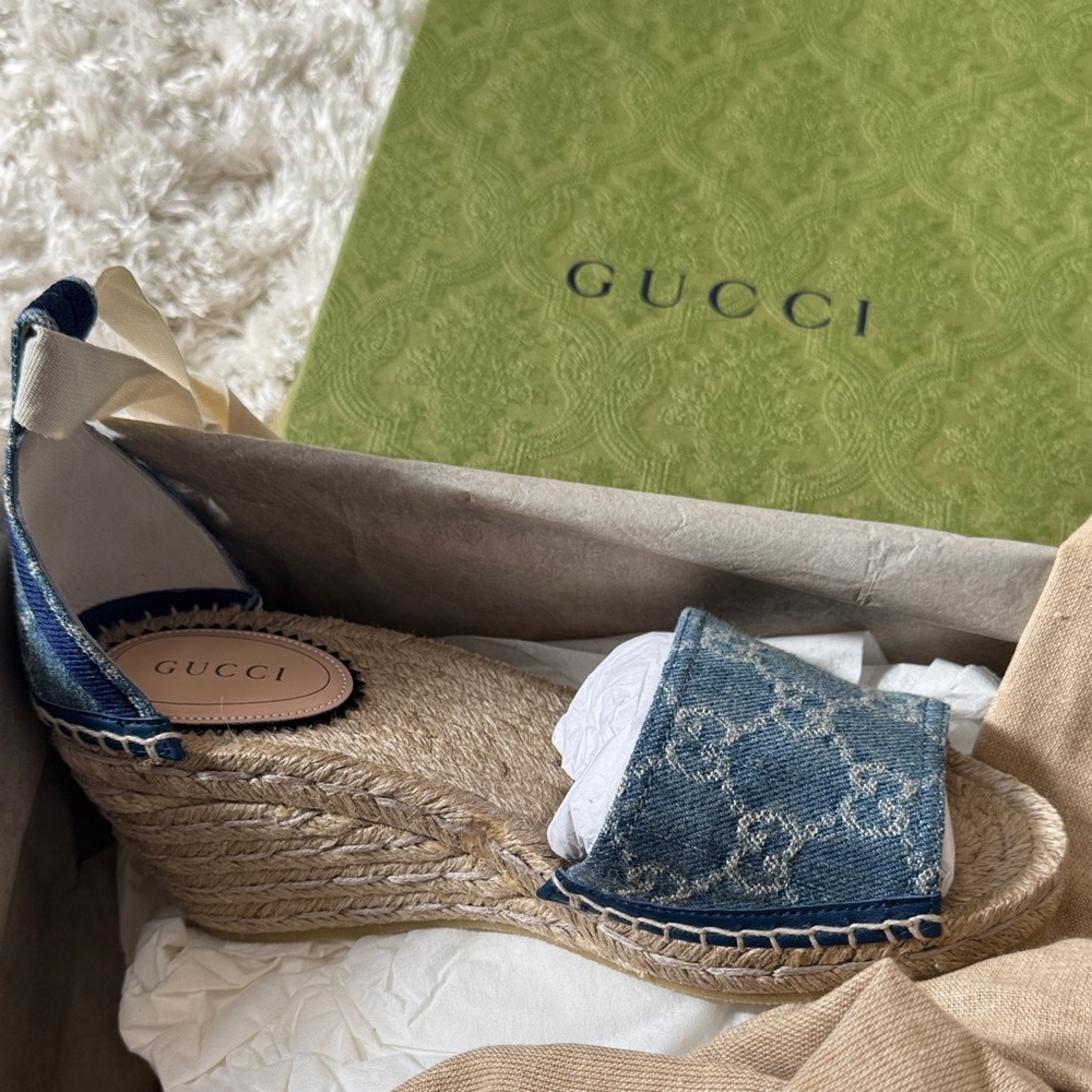Gucci Blue Denim GG Logo Espadrille Wedges with Jute Heel